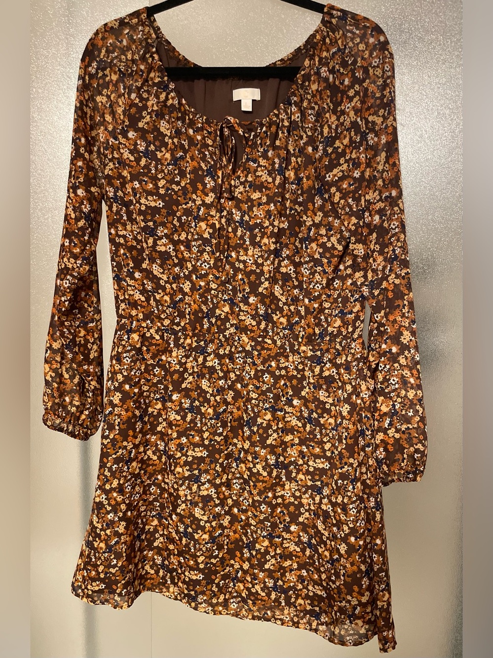 Charming Charlie Brown Floral Long Sleeve Tie-Neck Dress